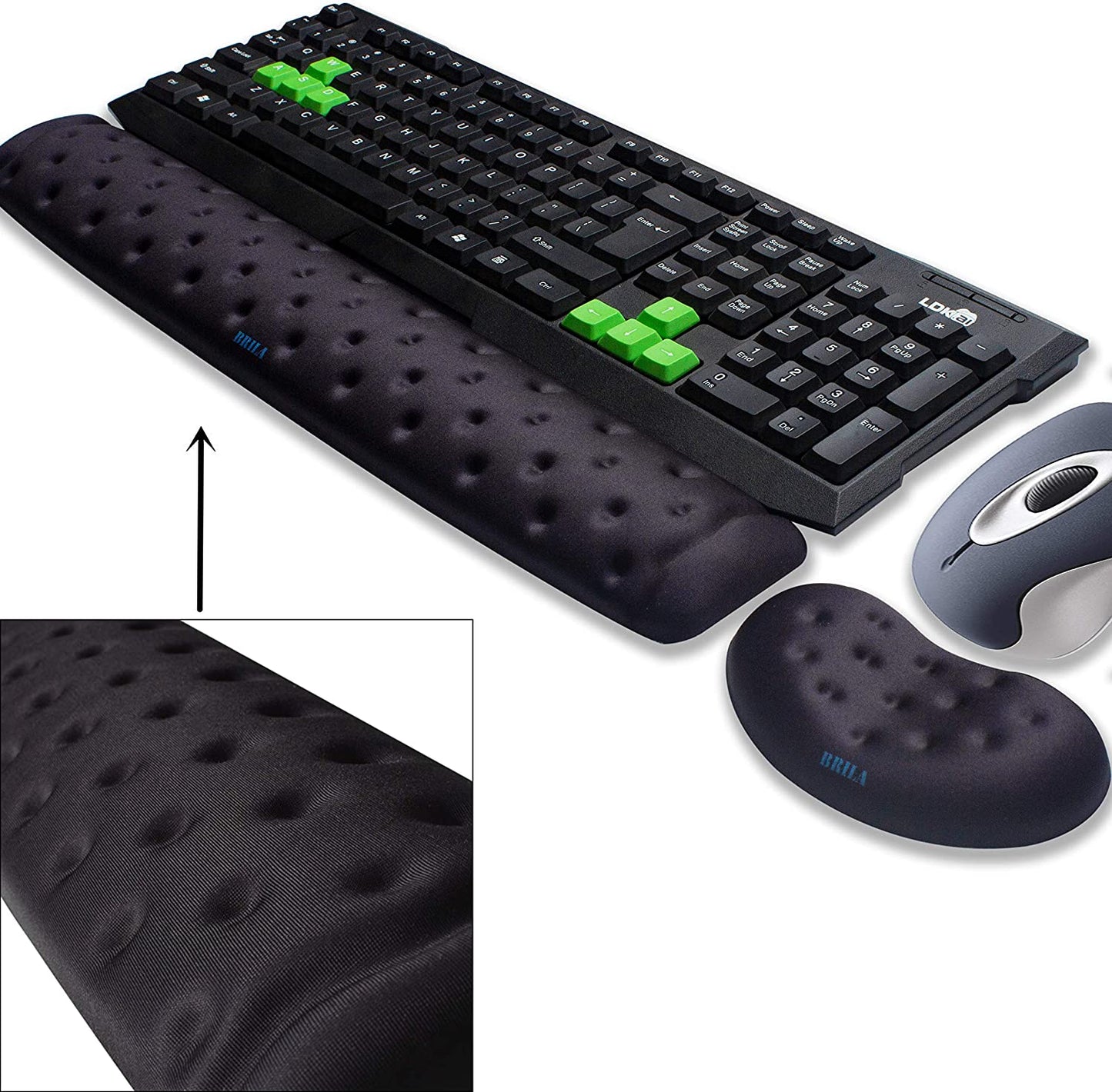 BRILA Memory Foam Mouse & Keyboard Wrist Rest Support Pad Cushion Set for Computer, Laptop, Office Work, PC Gaming - Massage Holes Design - Easy Typing Wrist Pain Relief